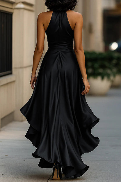 Cardydony Women's Solid Color Satin V-neck Sleeveless Elegant Ruffle Maxi Dress