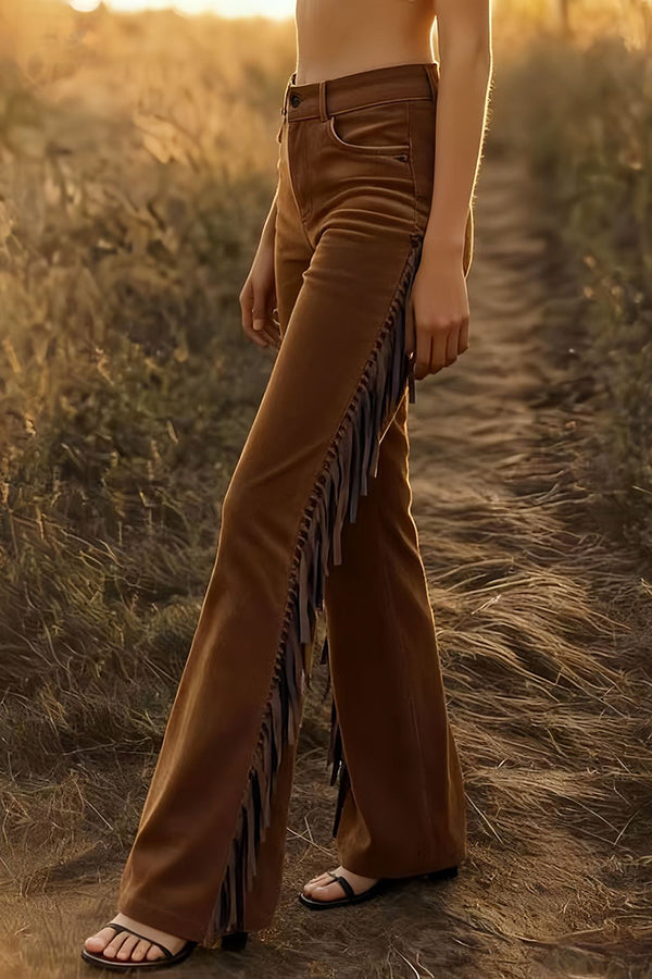 Cardydony Women's Stylish Suede High-waisted Fringed Casual Flared Pants
