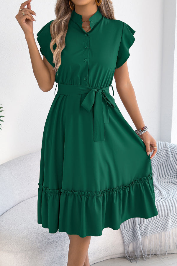 Cardydony Women's Solid Color Stand Collar Button Waist Tie Casual Midi Dress