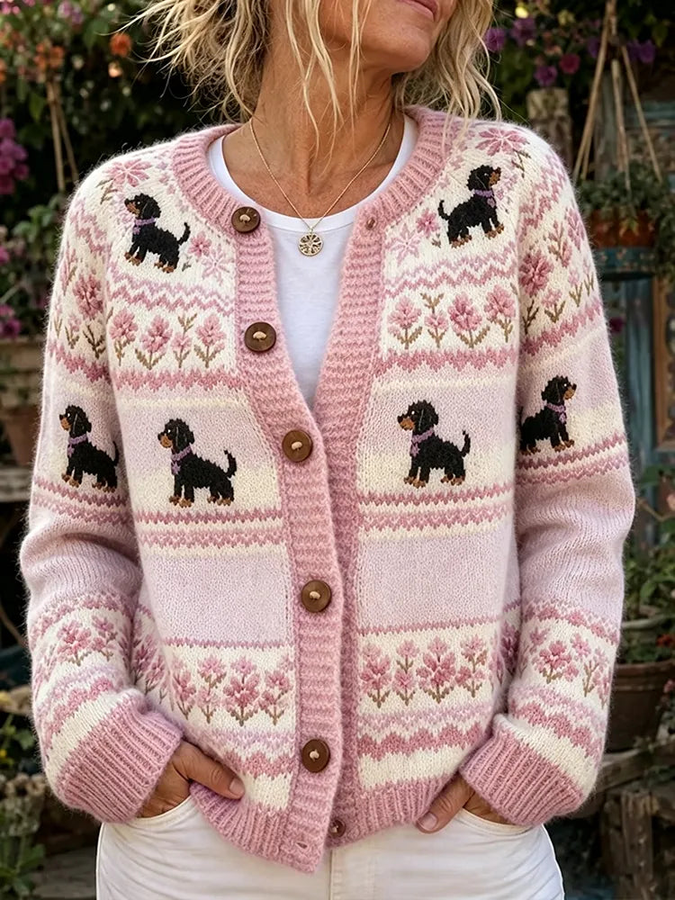 Cardydony Women's Pink Halloween Dachshund Print Crew Neck Cardigan