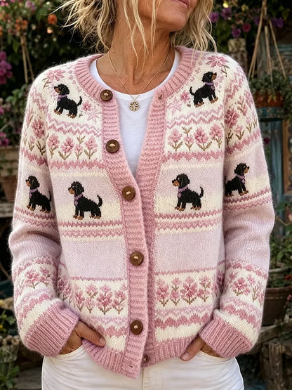 Cardydony Women's Pink Halloween Dachshund Print Crew Neck Cardigan