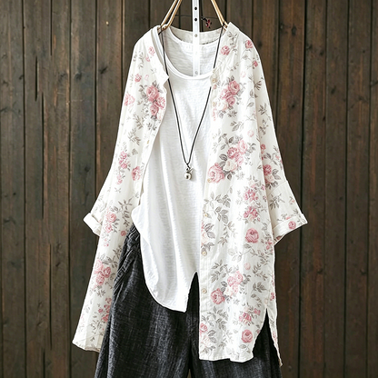 Cardydony Floral Pattern Design Women's Casual Linen Long Shirt
