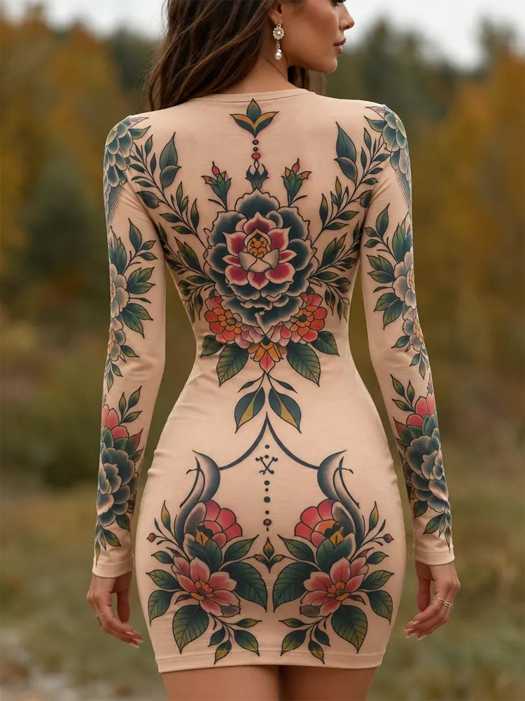 Cardydony Women's Gothic Halloween American Traditional Tattoo Floral Bodycon Dress