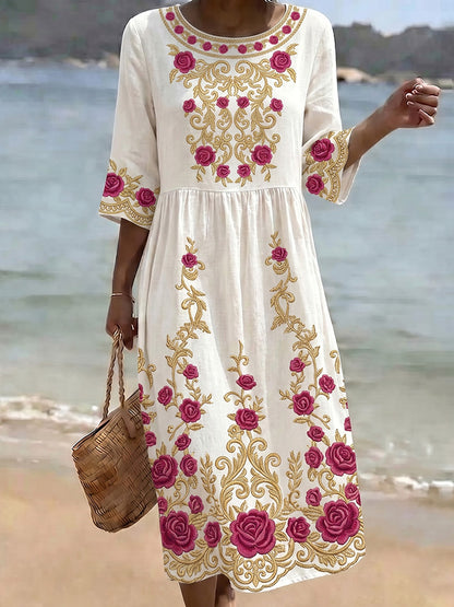 Cardydony Women's Vintage Flower Print Crew Neck Linen Blend Midi Dress