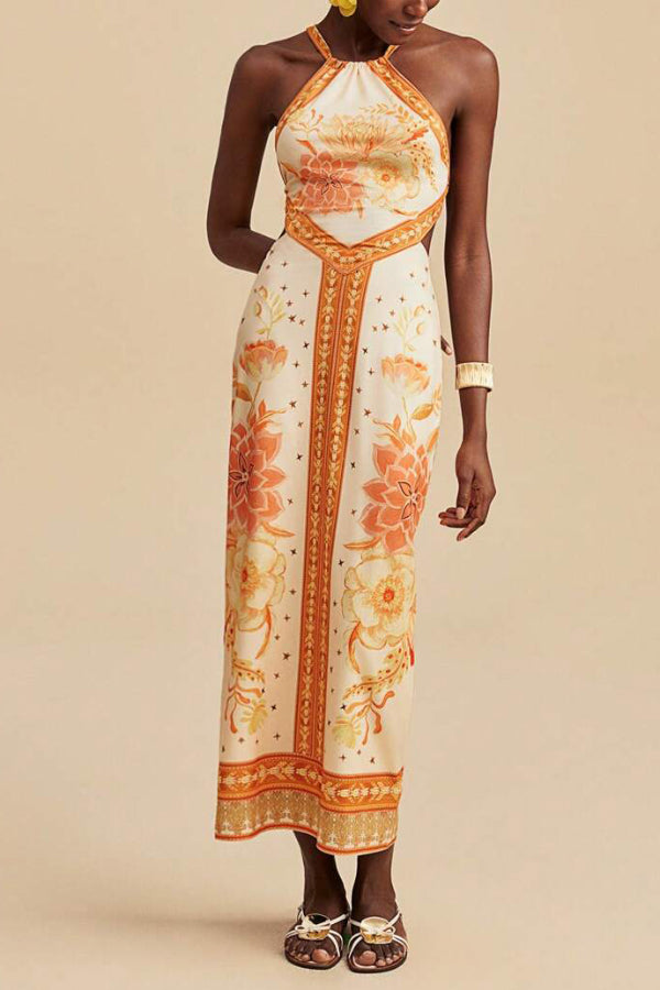 Cardydony Women's  Floral Print Sleeveless Backless Tie Slim-fit Vacation Maxi Dress