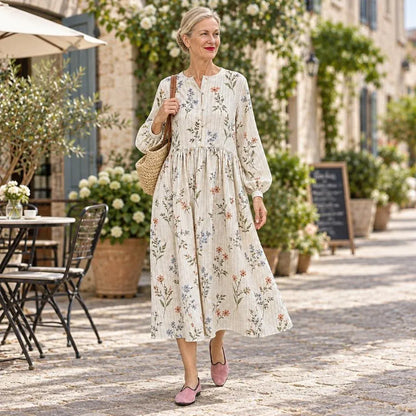Cardydony Women's Vintage Dainty Floral Print Loose Fit Long Sleeve Gathered Waist Midi Dress