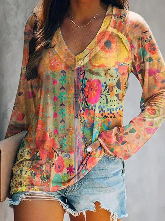 Cardydony Women's Retro Watercolor Floral Collage Art Print Casual T-shirt