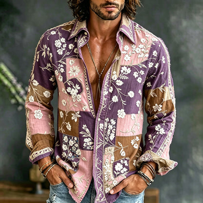 Cardydony Men's Retro Floral Patchwork Color Block Long-sleeve Shirt