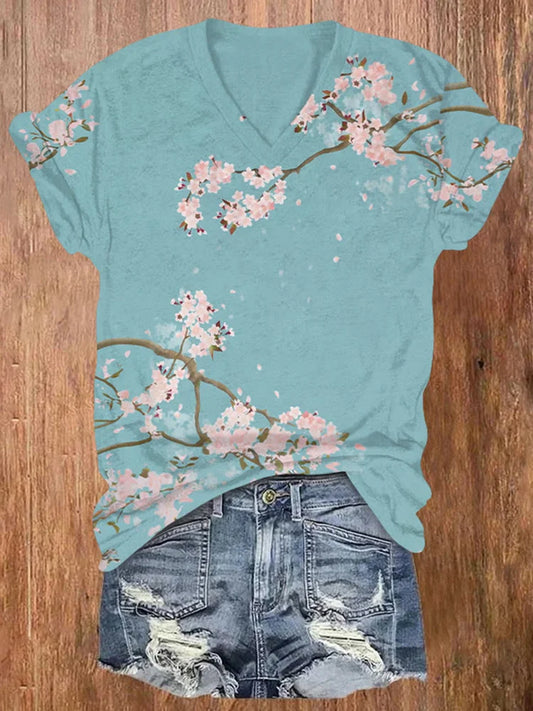 Cardydony Women's Vintage Japanese Cherry Blossom Print V-neck T-shirt