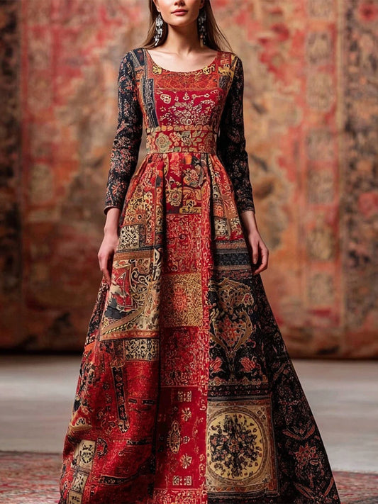 Cardydony Retro Iran Persian Pattern Inspired Comfy Linen Maxi Dress