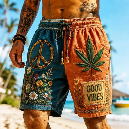 Cardydony Men's Hippie Retro Patchwork Vacation Cotton Linen Shorts