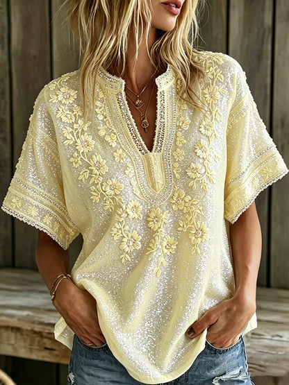 Cardydony Women's Summer Romantic Yellow Rose Art Linen Blend Short Sleeve Tops