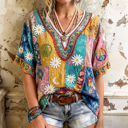 Cardydony Women's Vintage Hippie Sunflower Pattern Art Embroidered V Neck Tshirt