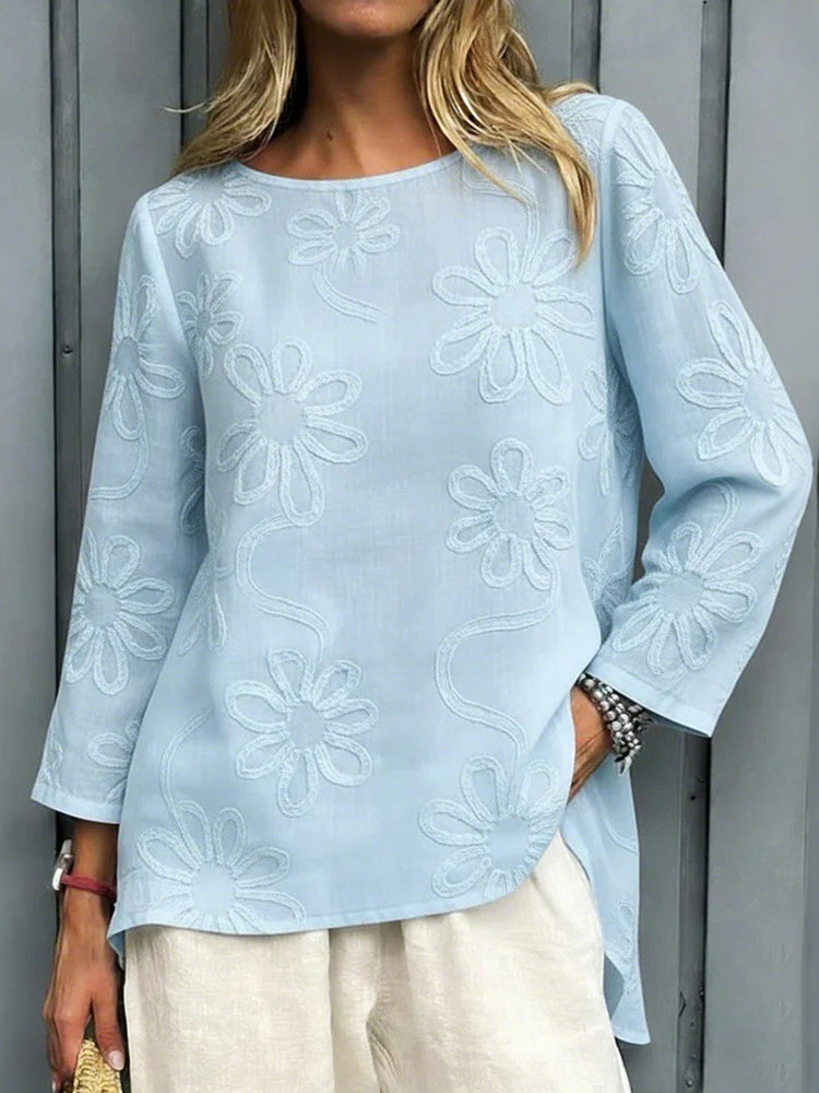 Cardydony Women's Vintage Flower Embroidery Cotton Linen Shirt