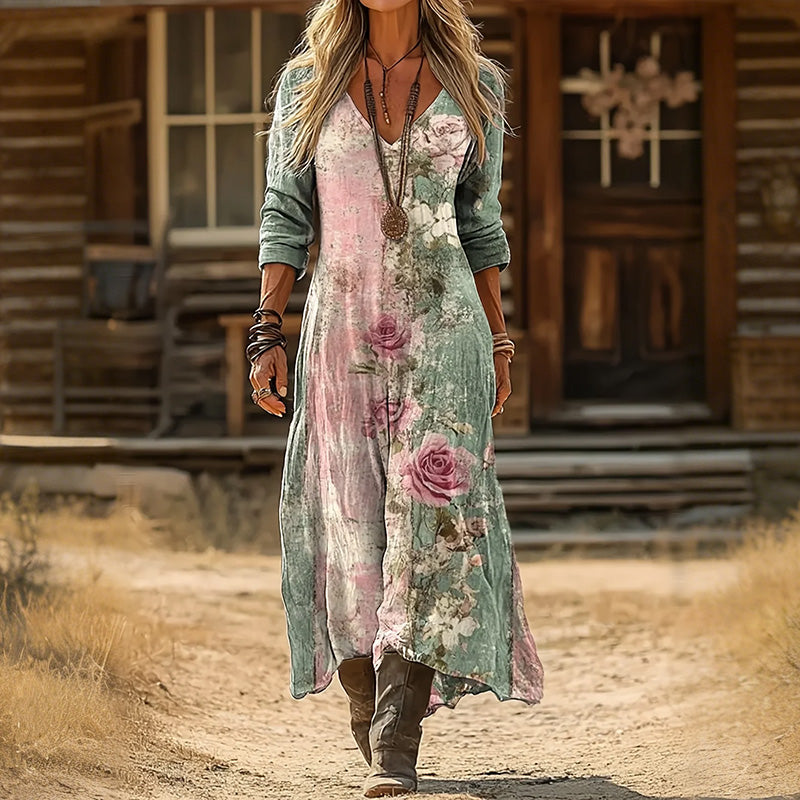 Cardydony Women Floral V Neck Printing Vintage Spring/fall Daily Maxi H-line Dress