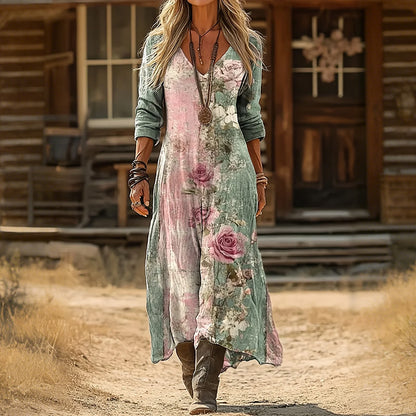 Cardydony Women Floral V Neck Printing Vintage Spring/fall Daily Maxi H-line Dress