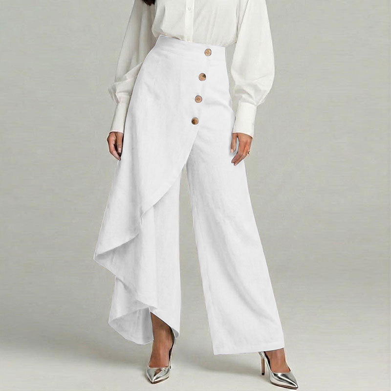 Cardydony Women's Casual Retro Irregular Ruffles Button Cotton And Linen Pants