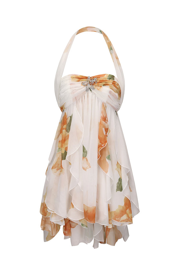 Cardydony Women's Arabella Floral Print Starfish Brooch Inverted Halter Neck Slit Ruffles Mini Dress