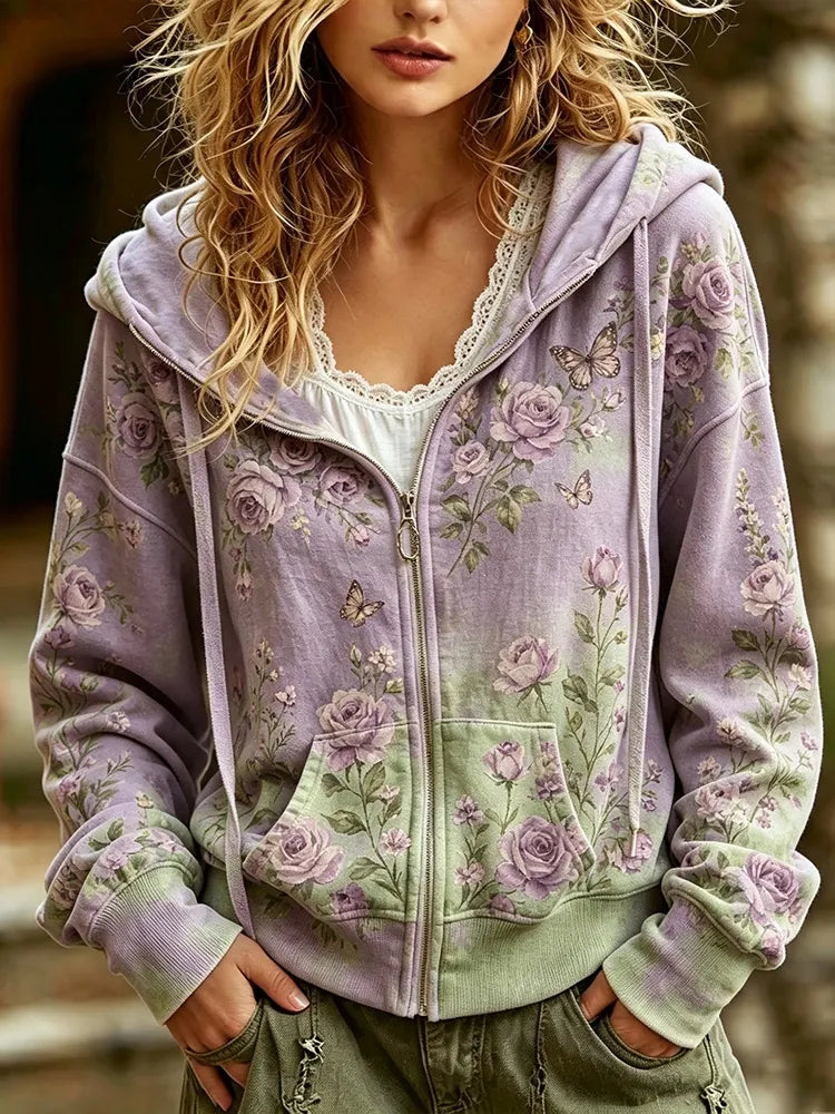 Cardydony Vintage Rose And Butterfly Art Traditional Tie-dye Casual Hoodie