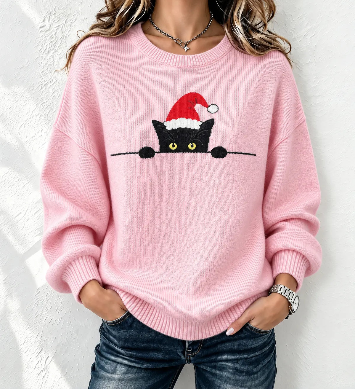 Cardydony Women's Vintage Christmas Cat Knit Sweater