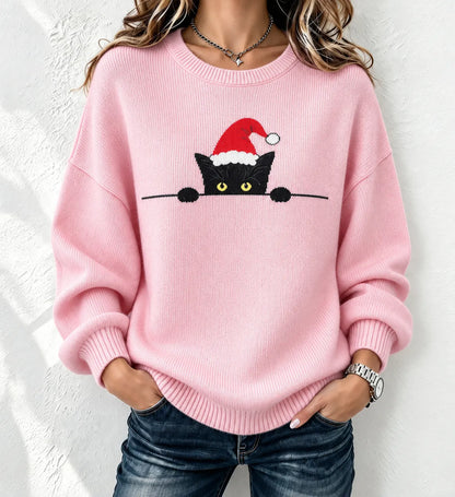 Cardydony Women's Vintage Christmas Cat Knit Sweater