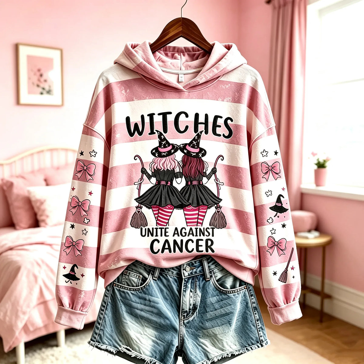 Cardydony Women's Retro Halloween Breast Cancer Awareness Witch Letter Print Hoodie
