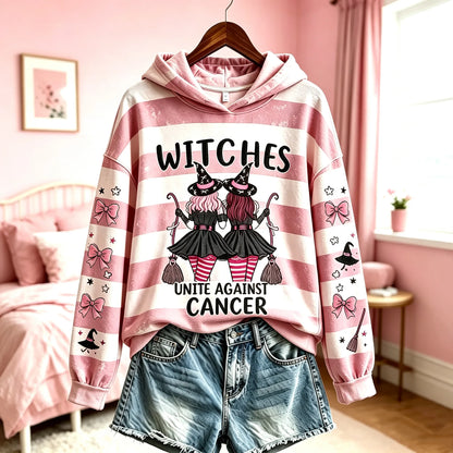 Cardydony Women's Retro Halloween Breast Cancer Awareness Witch Letter Print Hoodie