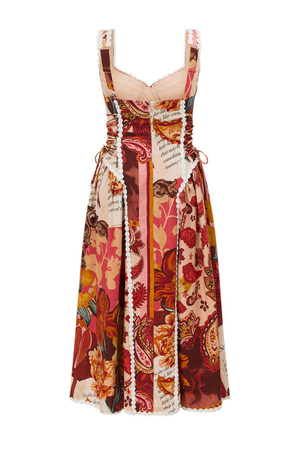 Cardydony Women's  Unique Printed Floral Trim Suspender Side Tie Vacation Midi Dress