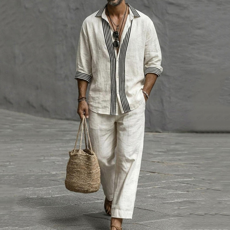 Cardydony Men's Nature Style Stripe Cotton Shirt And Pants Set