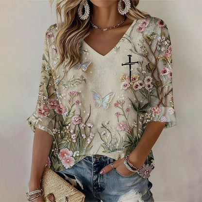 Cardydony Women's Faith Floral Print Waffle Long Sleeve T-shirt