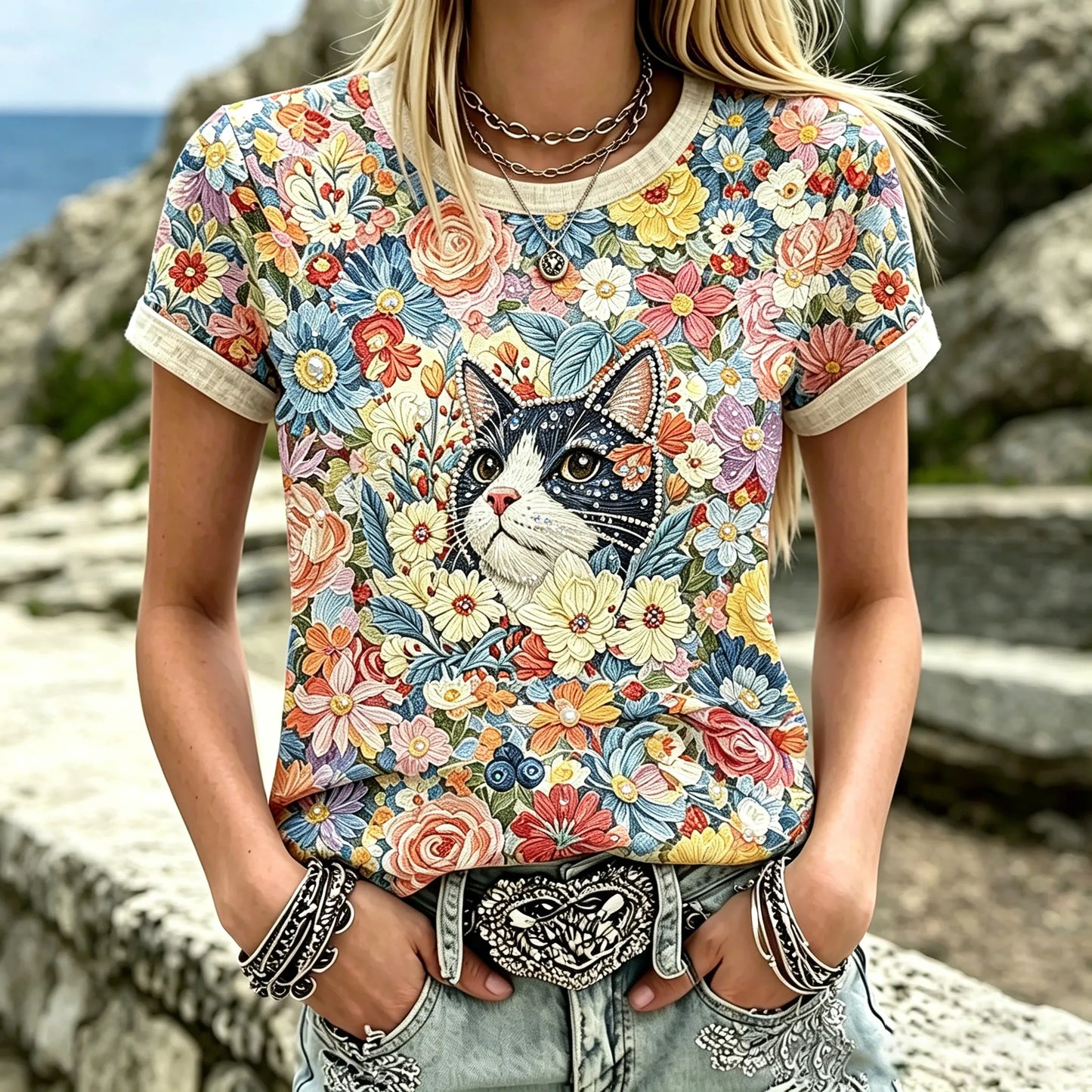 Cardydony Women's Casual Black Cat Among Flowers Oil Painting Texture Print T-shirt