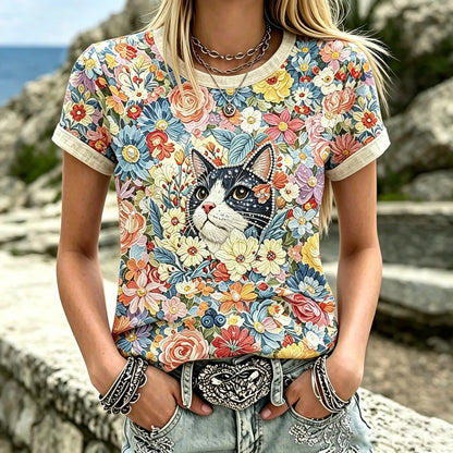 Cardydony Women's Casual Black Cat Among Flowers Oil Painting Texture Print T-shirt