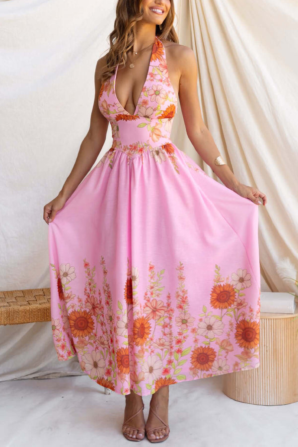 Cardydony Women's Sunflower Print V-neck Fitted Waist Elegant Maxi Dress