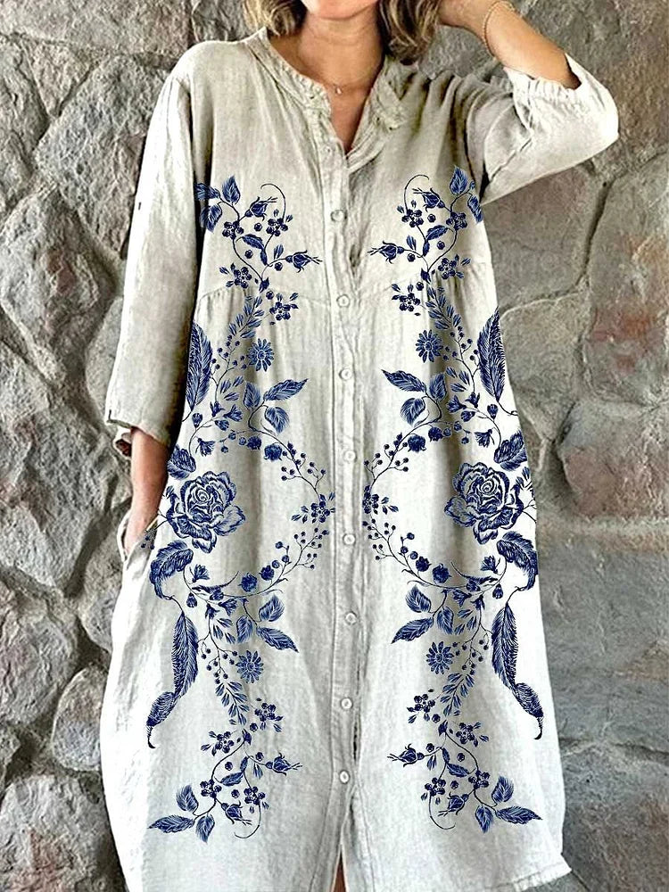 Cardydony Women's Rose Floral Print Shirt Cotton And Linen Dress