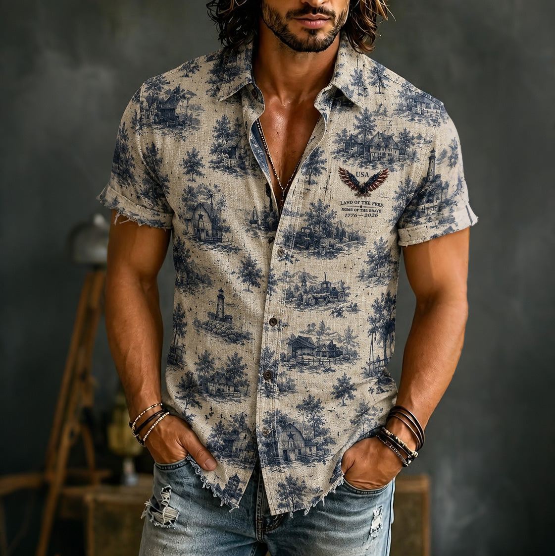 Cardydony Vintage Independence Day Land Of The Free Eagle Pattern Hawaii Shirt