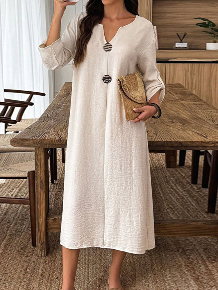 Cardydony Women's Elegant V-neck Linen-cotton Maxi Dress