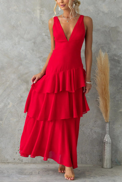 Cardydony Women's Solid Color V-neck Sleeveless Elegant Layered Maxi Dress