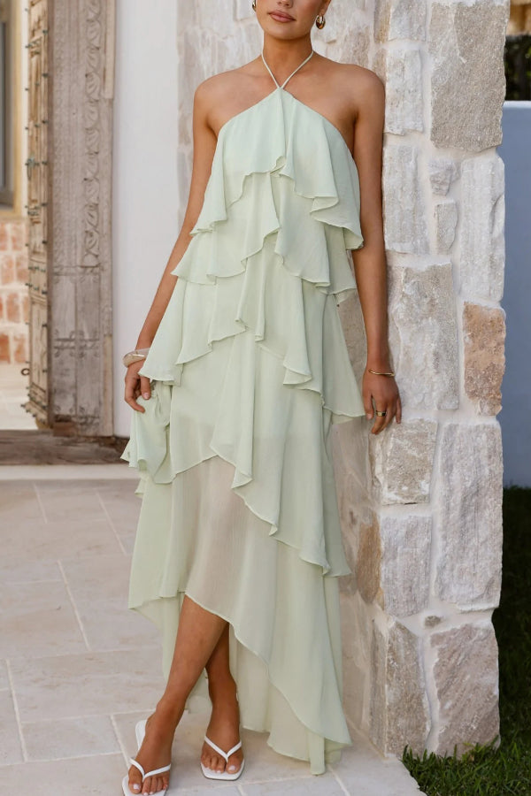 Cardydony Women's Solid Color Chiffon Halter Neck Elegant Ruffle Maxi Dress