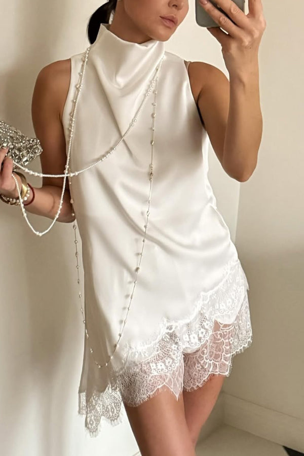 Cardydony Women's Solid Color Satin Spliced lace Sleeveless Irregular Casual Top