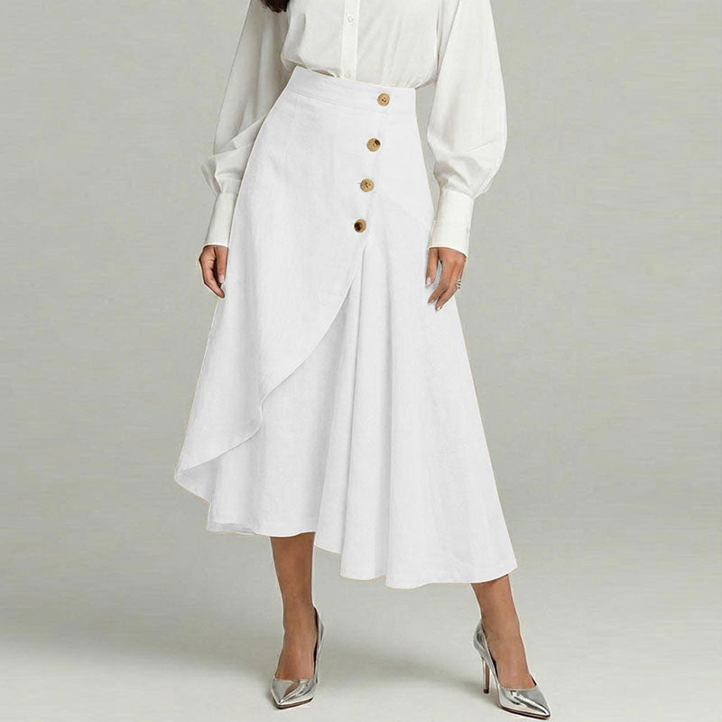 Cardydony Women's Casual Retro Irregular Ruffles Button Cotton And Linen Skirt