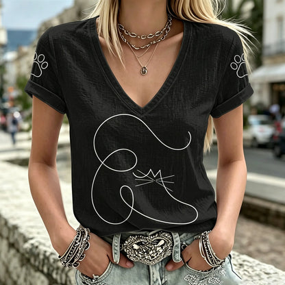 Cardydony Women's Cute Cat Art Line Print Casual Cotton Linen V-neck T-shirt