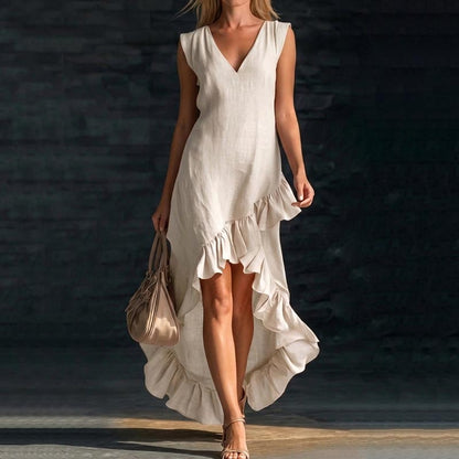 Cardydony Sleeveless V-neck Ruffled Hem Linen Dress