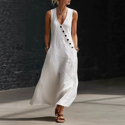 Cardydony Women's Retro Casual Button Design Linen Blend Maxi Dress