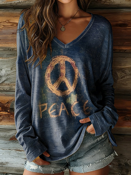 Cardydony Women's Hippie Heart Tie-dye Art Print Casual V-neck Long Sleeve T-shirt