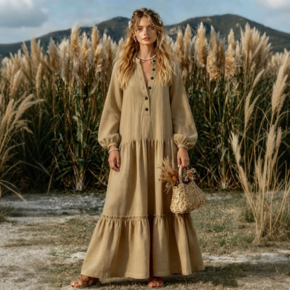 Cardydony Women's Cotton And Linen Retro Casual Long-sleeved Dress