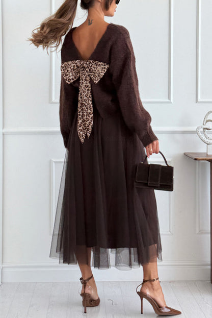 Cardydony Women's Gisella Knit Back Slit Leopard Print Bow Design Long Sleeve Relaxed Sweater