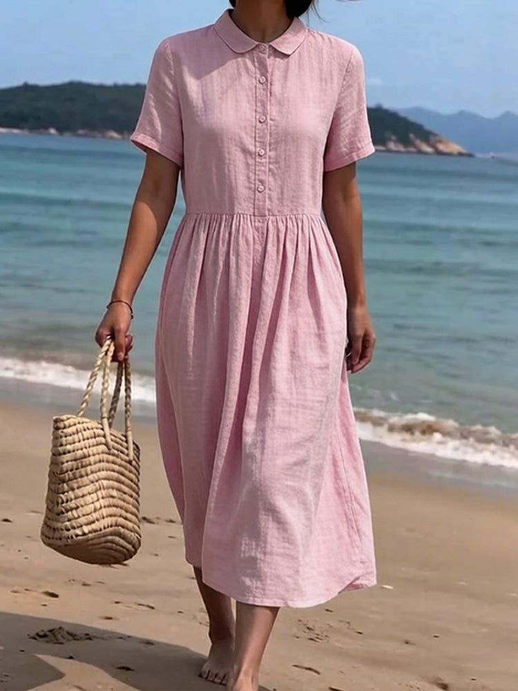 Cardydony Women's Solid Color Linen Blend Lapel Dress