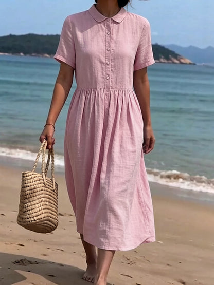 Cardydony Women's Solid Color Linen Blend Lapel Dress