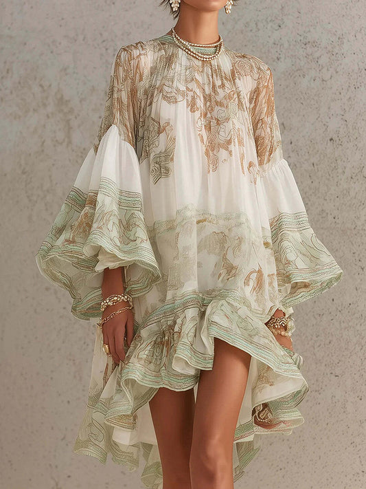 Cardydony Hermokrates Bell Sleeve Print Ruffle Mini Dress