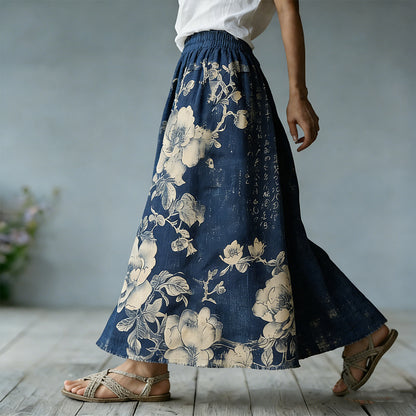 Cardydony Japanese Art Bohemian Retro Plant Flower Print Women's Half-length Dress